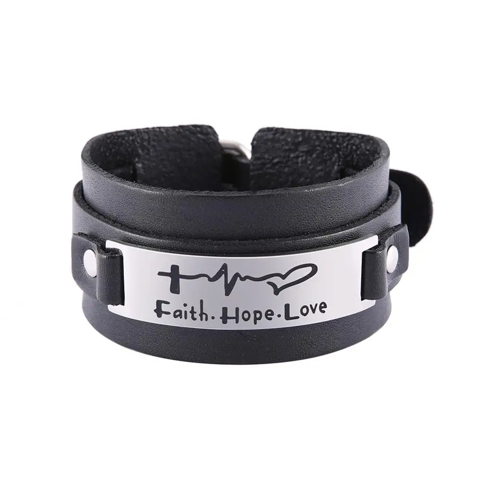 My Shape Genuine Leather Bracelet Faith Hope Love Inspiration Cross Stainless Steel Religious Jewelry Men Punk Bangle Gift | Украшения и