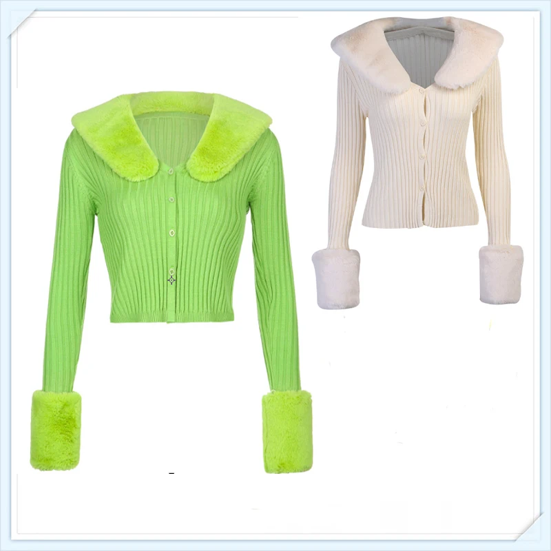 

Y2K Sweaters V Neck Outfits Feather Patched Knitwear Long Sleeve Cardigans Green Women Streetwear Party Tops Autumn and Winter