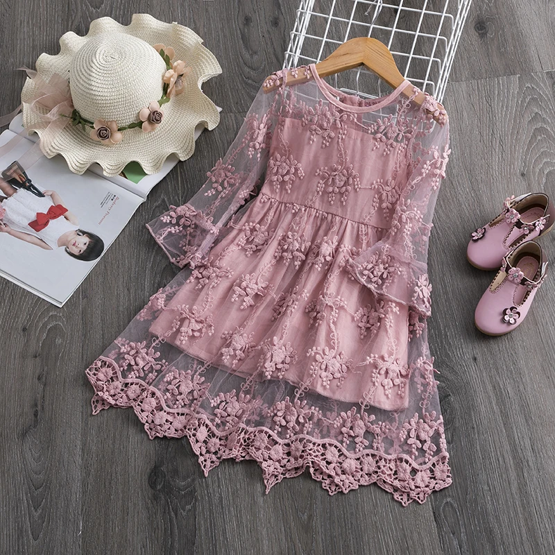 

Spring Flare Half Sleeve Lace Girls Summer Dress Flower Appliques Formal Wedding Clothes for Kids Children 3-8Y Party Clothing