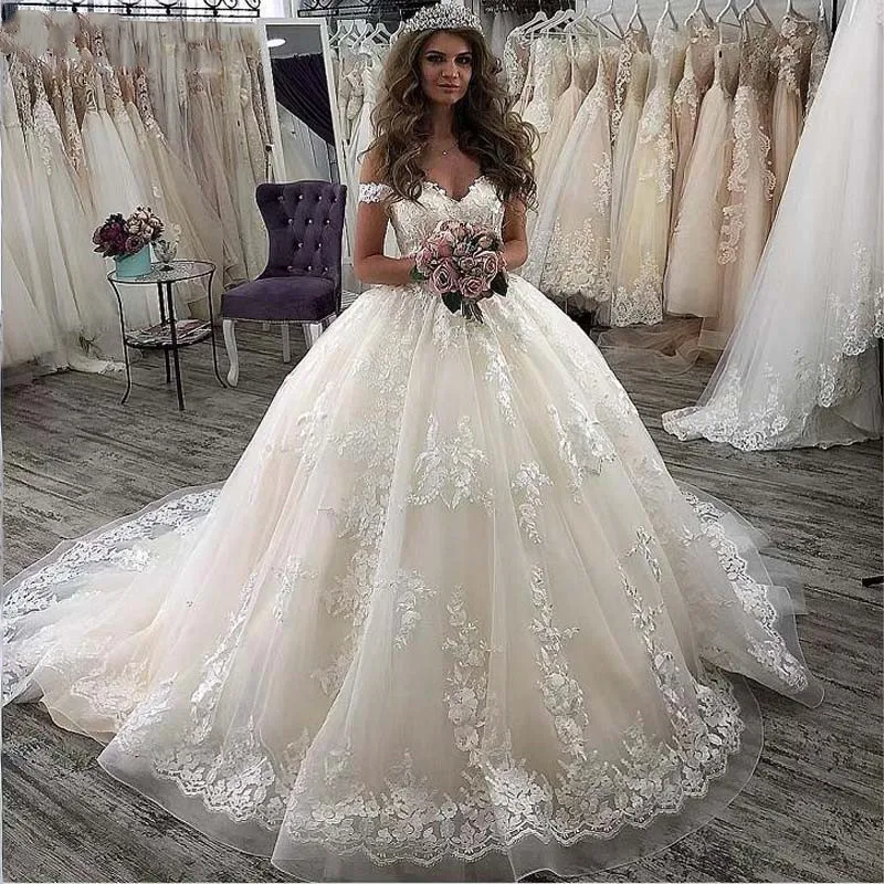 

Luxury Lace Ball Gown Bridal Dresses Off the shoulder With Appliques Lace Up Back Wedding Dresses vestido de noiva 2020