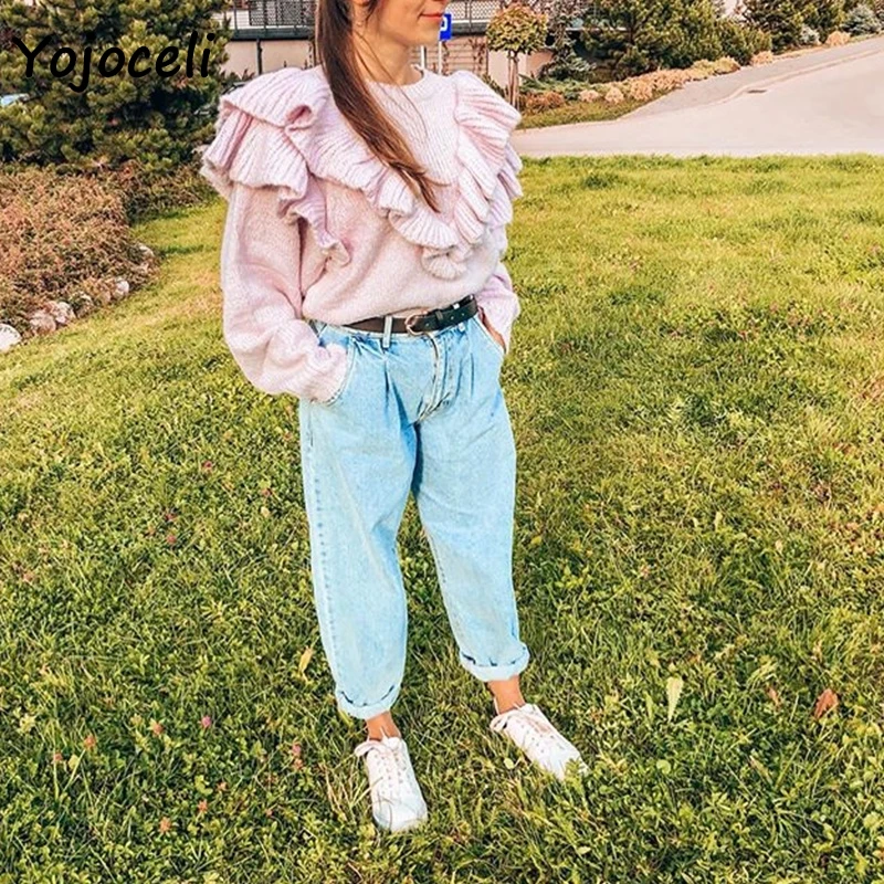 Уличная одежда Yojoceli милый свитер с оборками Женский крутой вязаный пуловер