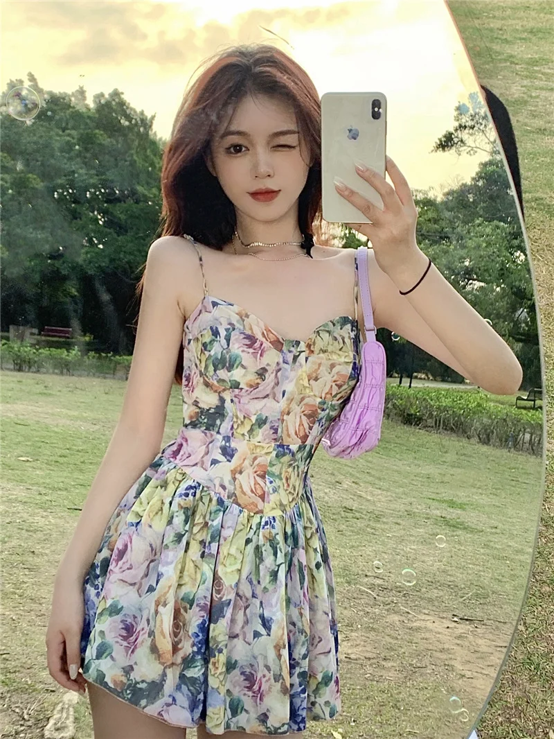 

2021 New Pure Desire French Floral Dress Women's Summer Romantic Niche Suspender Dress Waist-Tight Hot Girl Short Pantskirt