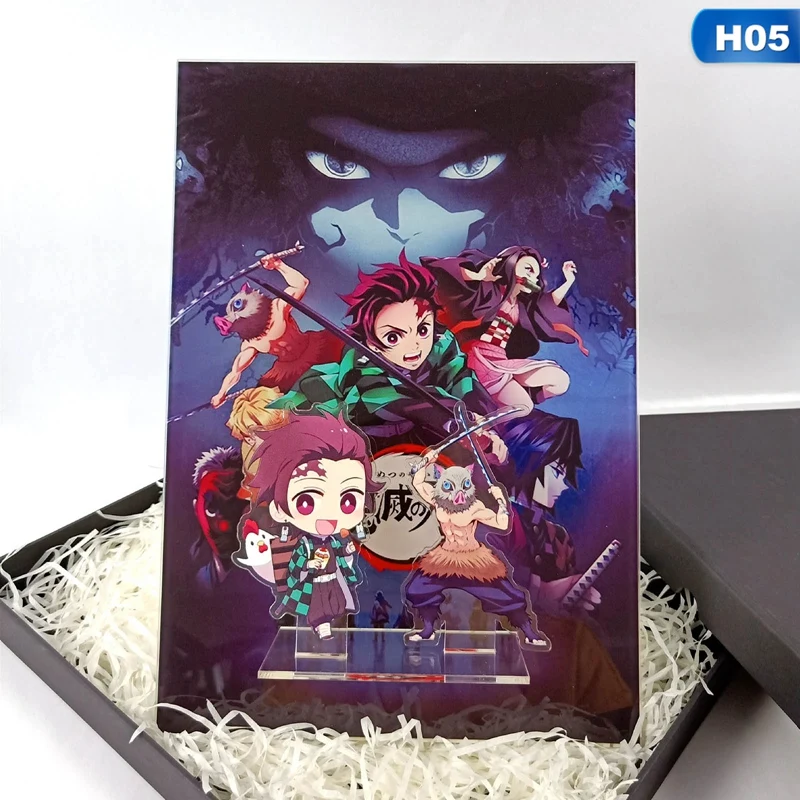 

Anime Demon Slayer: Kimetsu no Yaiba Gift Box 1 Background Plate 2 Stand Figure Models 1 Keychain Acrylic Desk Ornaments Set