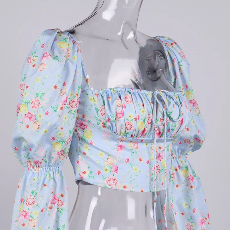 

Floral Blouse Women Summer Long Sleeve Lace Up Blusas Casual Resort Style Print Tops 2021 New