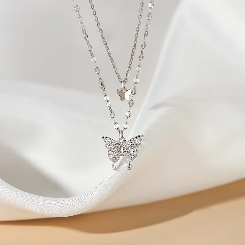 

2021 New Summer Double Simple Butterfly Necklace Lady Stacking Basic Style Clavicle Chain Valentine's Day Gift
