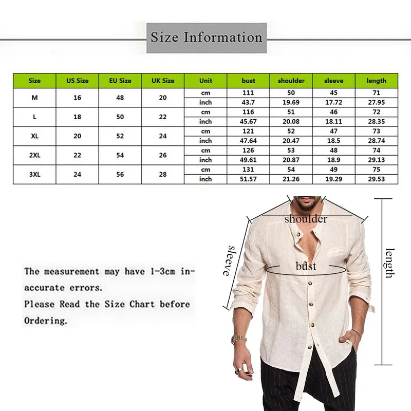 

Brand New Mens Stand Collar Casual Shirts Tops Single Breasted Solid Color Long Sleeve Slim Fit Shirts Personalized Top Khaki