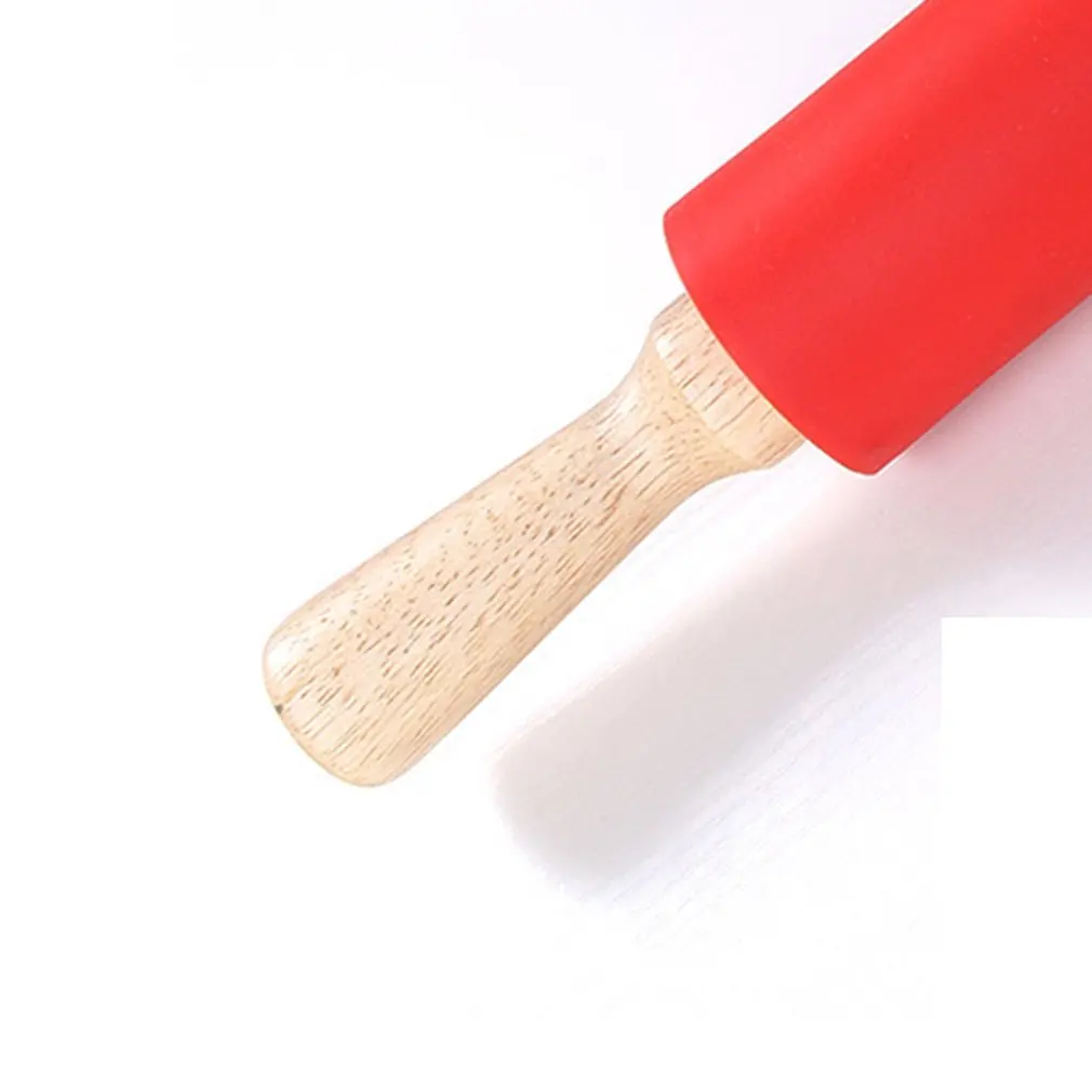 

Food Grade Silicone Rolling Pin Wooden Handle Roller Rotating Non-Stick Dumplings Pressing Stick Walking Hammer Kitchen Bakeware