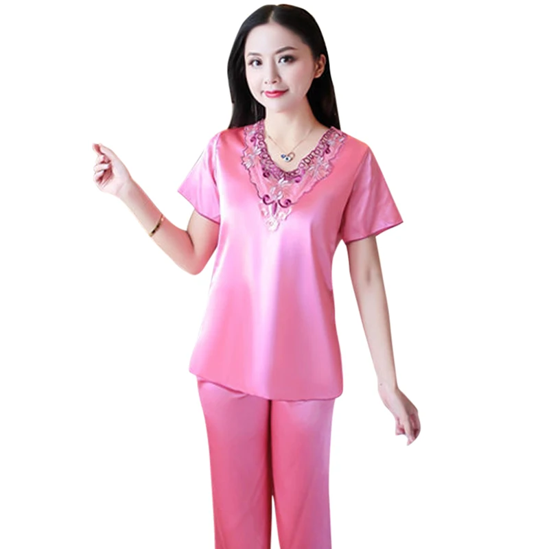 

2020 Women Pajama Sets Imitation Silk Pajamas Set Simple Nightwear Short Sleeves Casual Sleepwear Ladies Home Service Suit