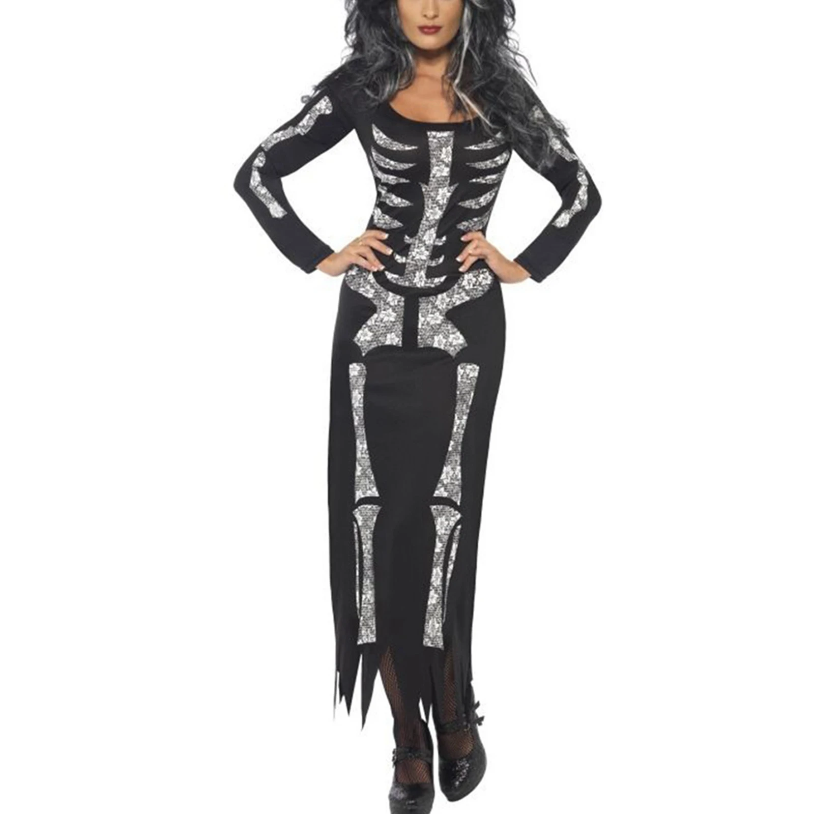 

Женское платье-футляр на Хэллоуин, облегающее индивидуальное платье с длинным рукавом, круглым вырезом и принтом скелета для взрослых