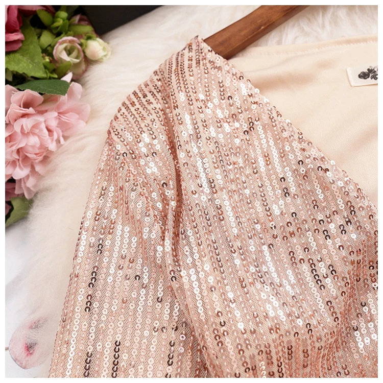 

Summer Women's Dress New Sexy V-neck Sequin Pleated Long-sleeved Dress Slim Slimming Buttocks Woman Short Dresses GX048