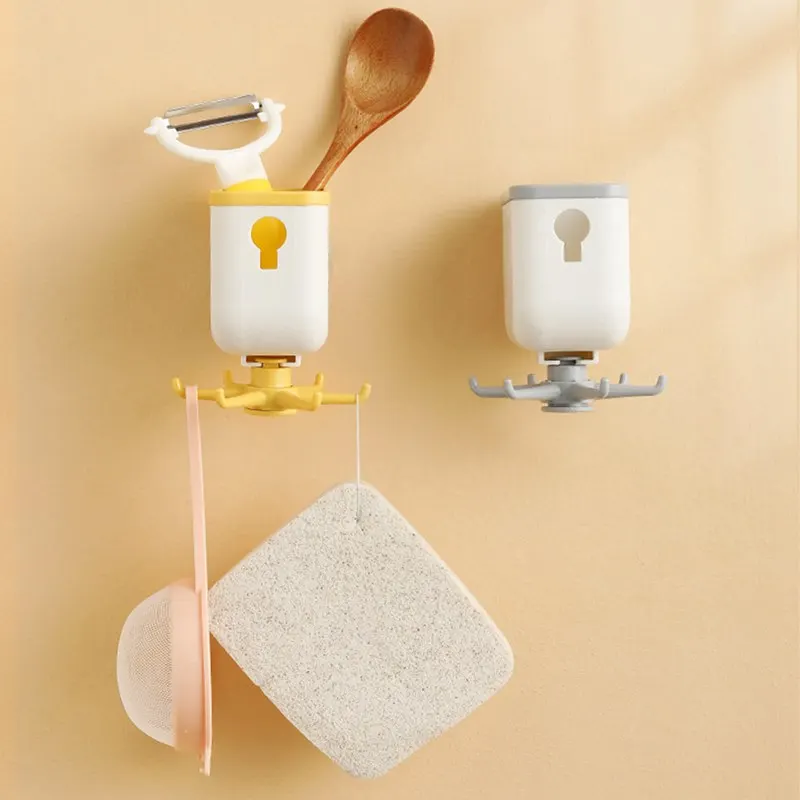 

Kitchen Rotary Multi-function Hanger With Storage Box 360 Degree Hex Claw Stick Hanger Free Nail Hanger Strong Viscose Rack