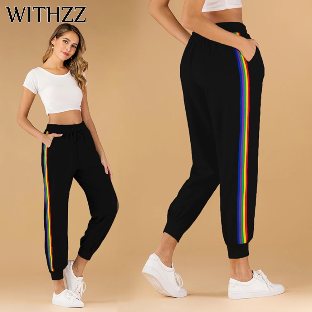 Женские брюки со средней талией WITHZZ свободный низ в радужную полоску