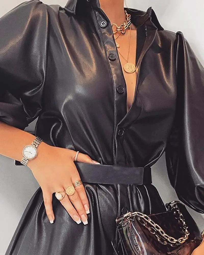 Высококачественное платье из искусственной кожи с пуговицами и