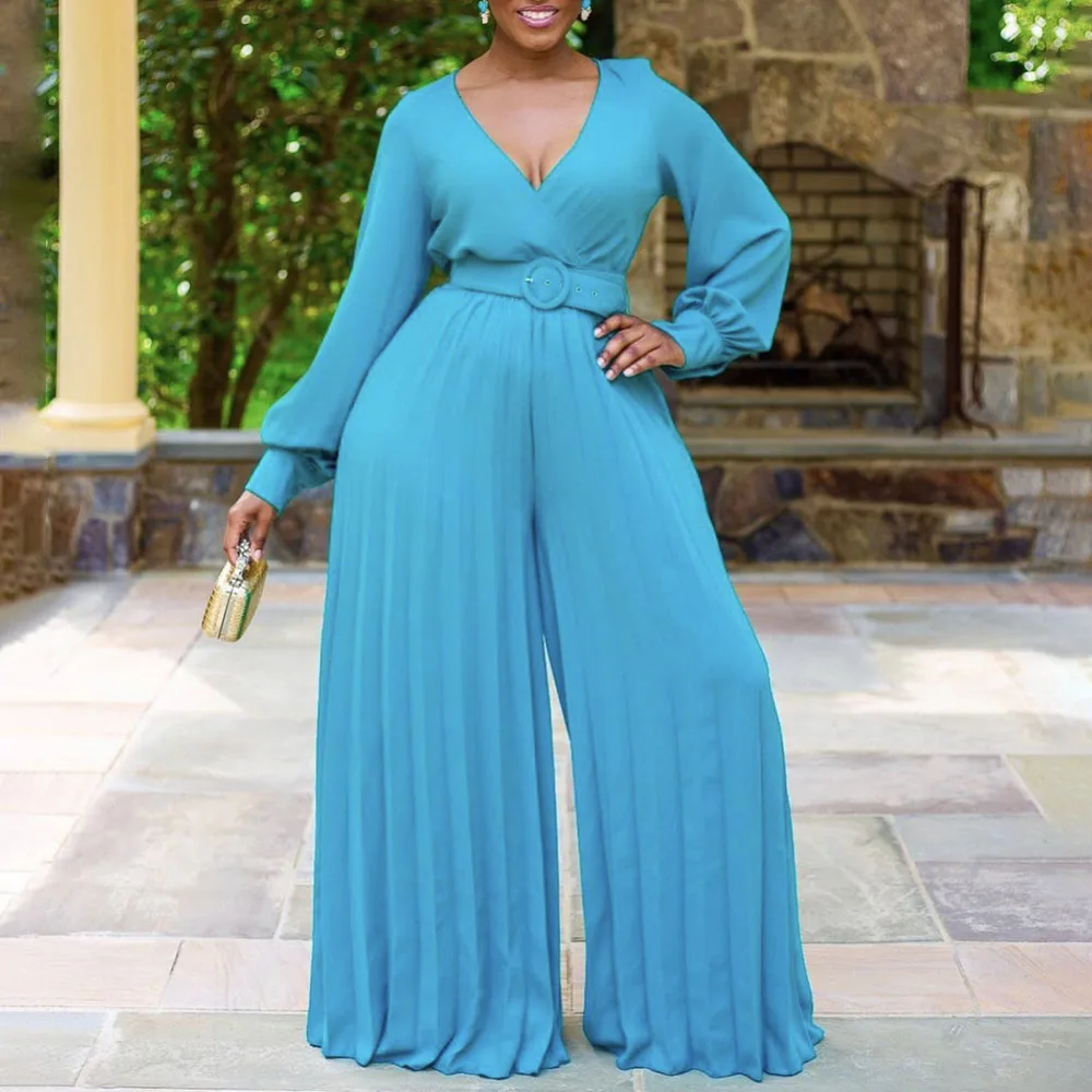 

Europe America New V-neck Jumpsuit Fashion Lantern Sleeve Solid Color Long Pleated Wide Legs High Waist Summer 2021