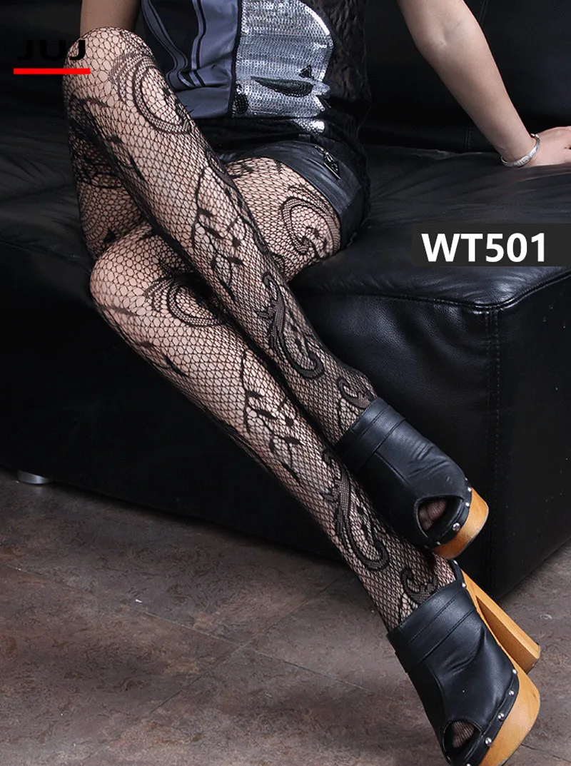 Модные сексуальные женские черные чулки в сеточку жаккардовые гетры с рисунком