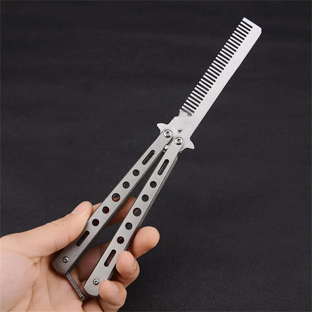 

Stainless steel foldable comb practice training butterfly knife comb beard brush outdoor camping salon hair styling tools