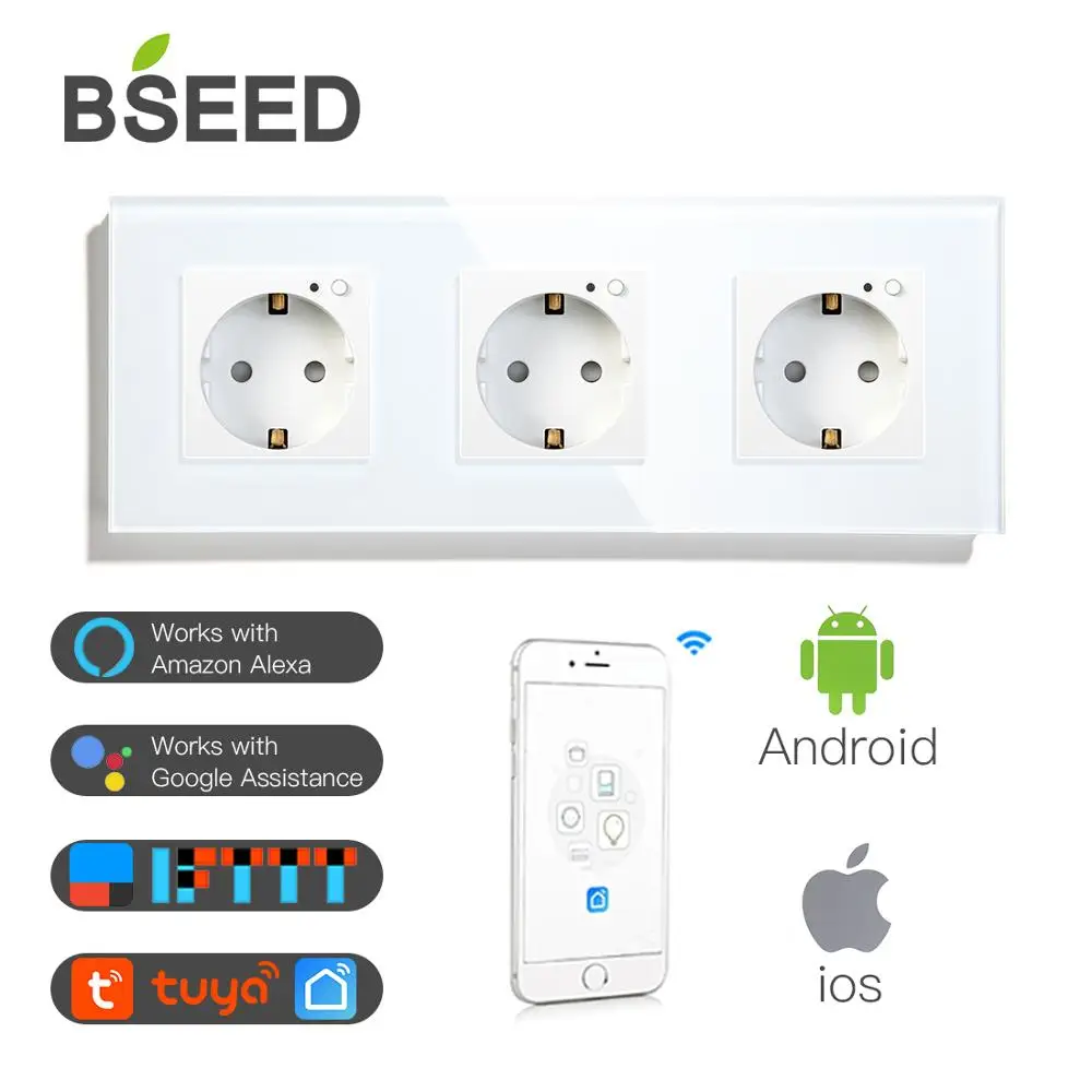 BSEED Wifi Triple Socket EU Standard Wall 16A 110V-250V White Black Gloden Crystal Glass Panel For Smart Home | Обустройство дома