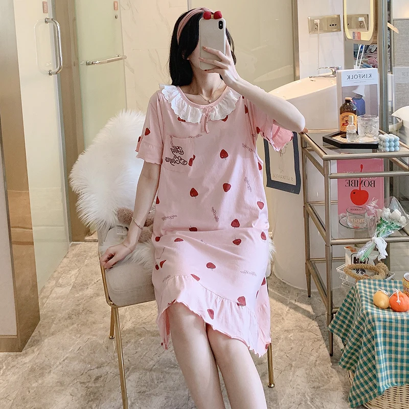 

891# Sweet Pink Cartoon Printed Cotton Maternity Nursing Night Dress Loose Casual Feeding Sleepwear for Pregnant Women Pregnancy