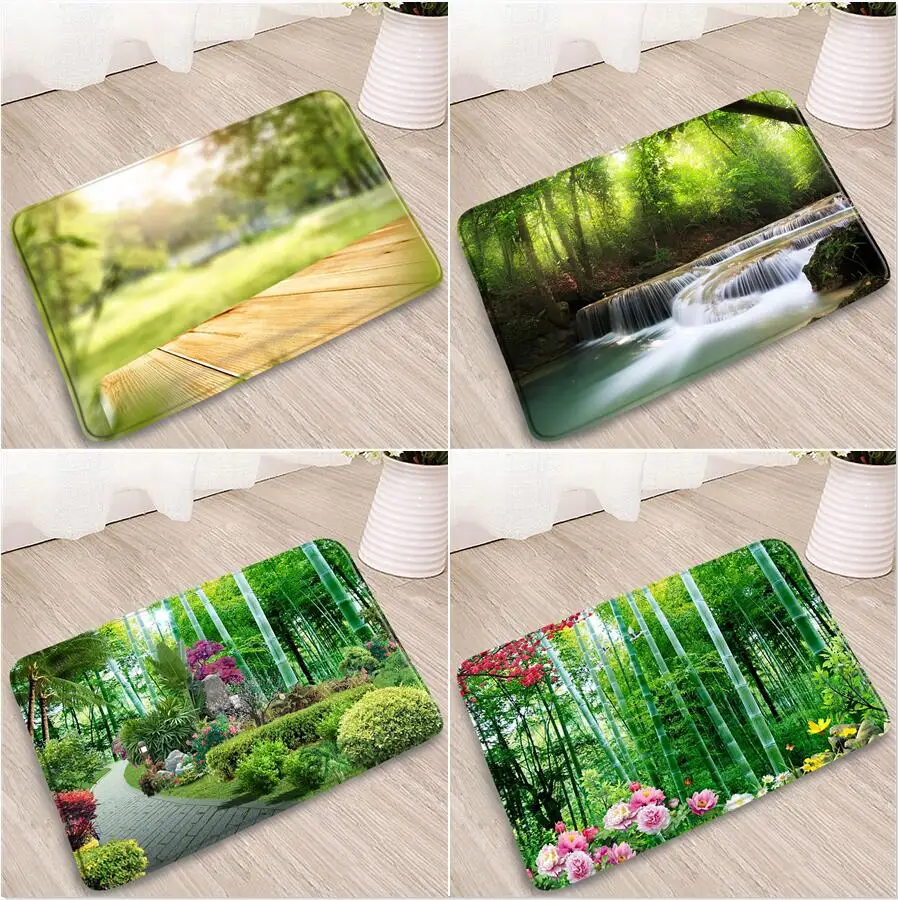 

Green Bamboo Bathroom Mat Garden Pond Waterfall Plant Flower Bedroom Entrance Doormat Living Room Carpets Bathtub Anti-Slip Rugs