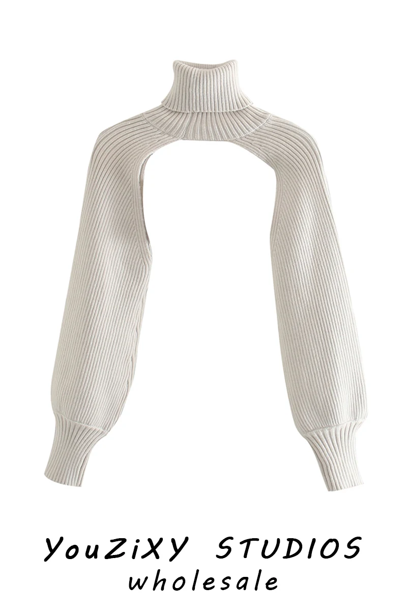 

Women's simple fashion pure color knitted high collar sleeve sleeve personalized casual short bubble long sleeve blouse