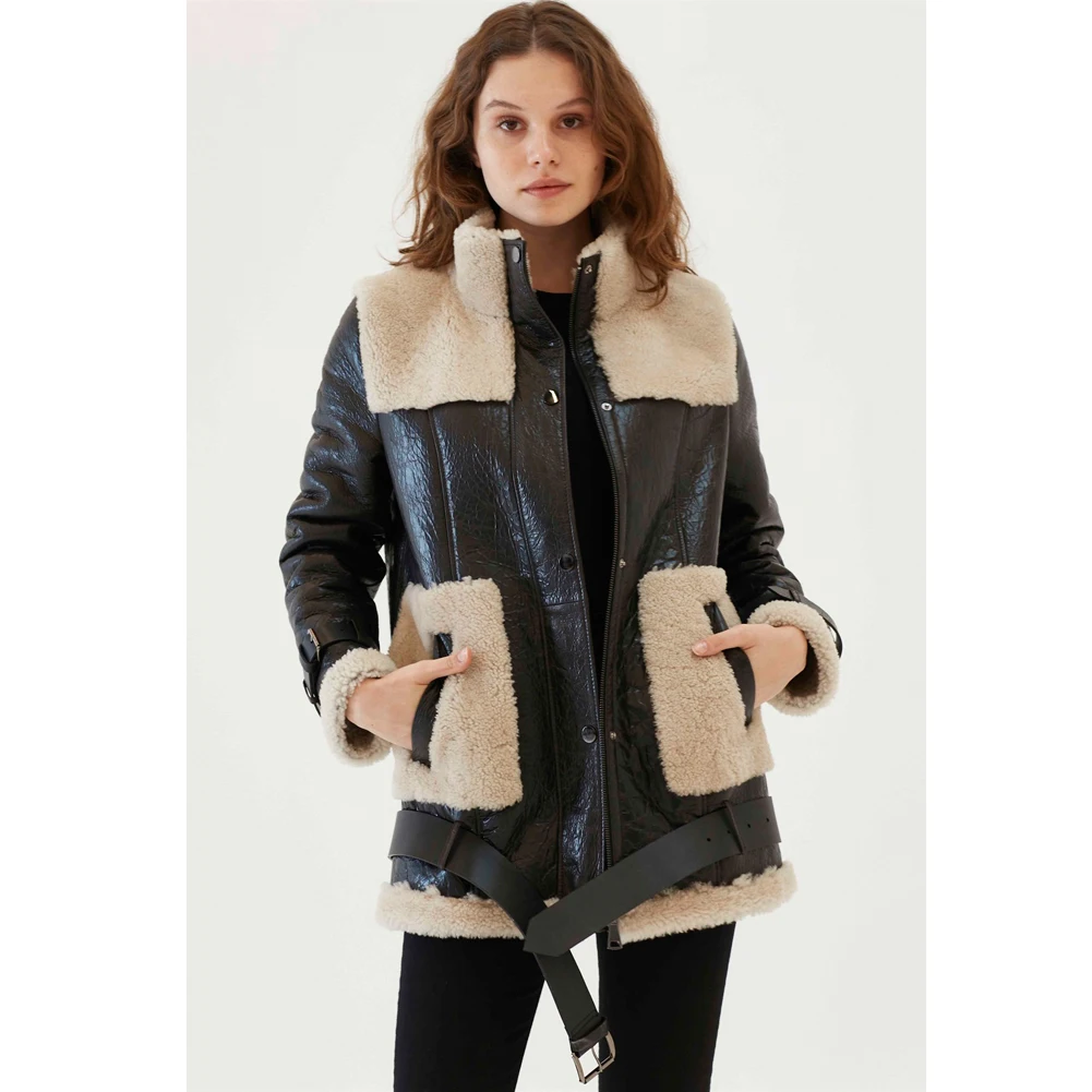 Womens Chestnut Shearling Jacket Turkey Wool Coat Casual Leather Jacket Long Fur Coat Trench Coat Women
