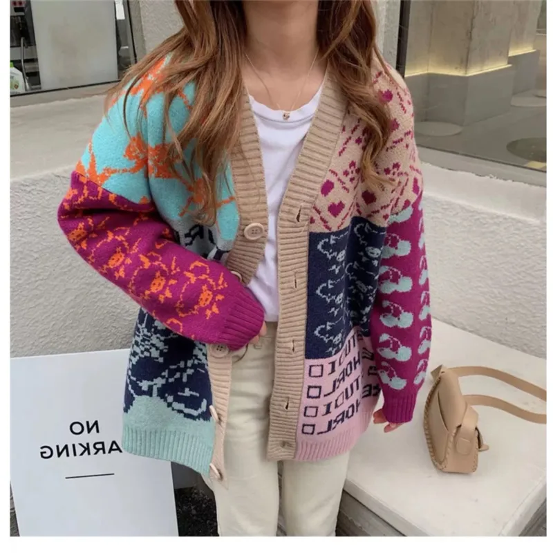 

Женский свитер оверсайз 2021, кардиганы с винтажным принтом букв в стиле пэчворк, толстый длинный флисовый свитер, пальто для женщин