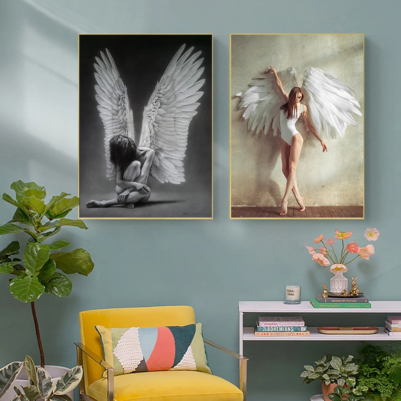 

Плакат с ангелом балериной, черно-белая Художественная Картина на холсте, Готическая Современная Летающая крыла, декоративная картина для ...