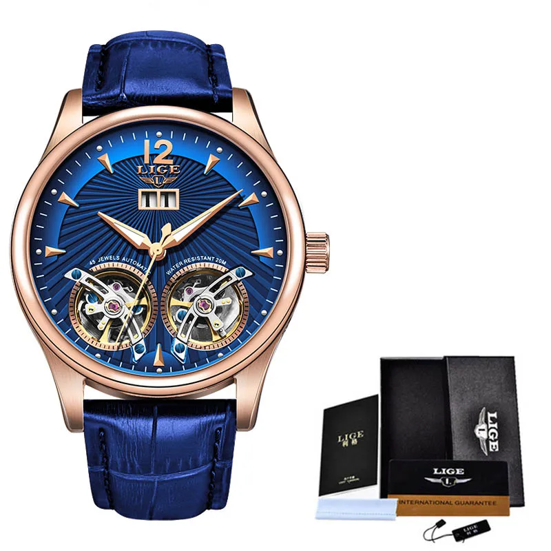 

2019 LIGE Doppel Tourbillon Uhren mnner Automatische Uhr Selbst-Wind Mode Mnner Mechanische Armbanduhr Leder Relogio Masculino