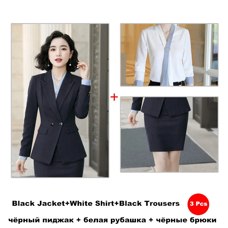 black 3 pcs skirt Полосатая юбка костюм профессиональный костюм офисный костюм для дам Униформа куртка с длинными рукавами юбка брюки формальная рабочая одежда 966 - Цвет: black 3 pcs skirt