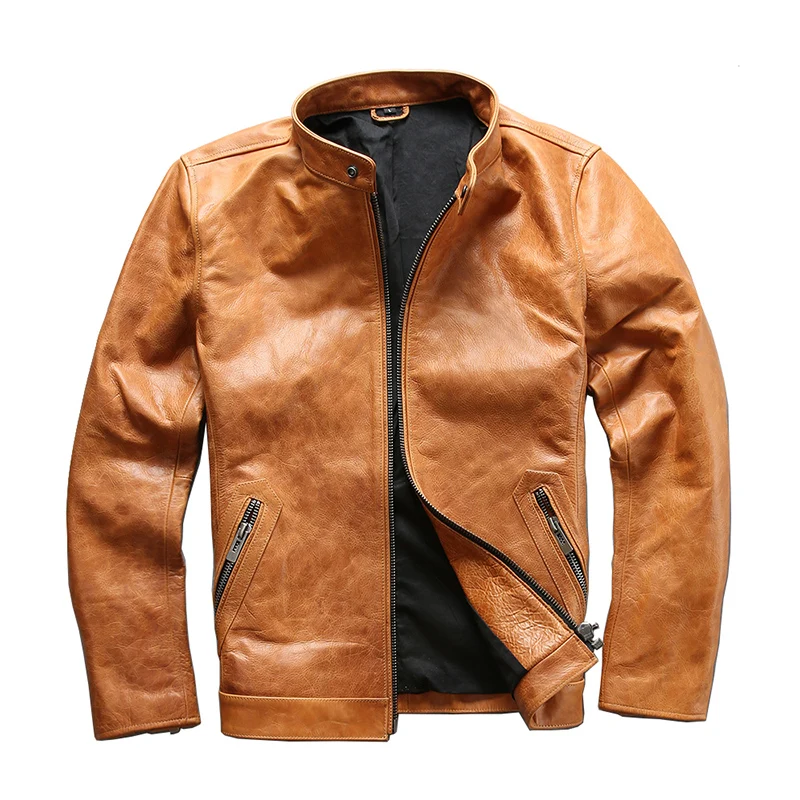 

Korean style 2021 stand collar genuine leather jacket men yellow oil wax cow leather coat for men slim fit short jackets
