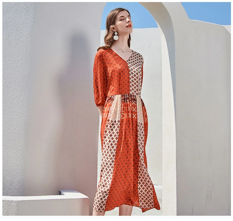 

100% Silk Women's Runway Dresses Sexy V Neck 3/4 Sleeves Printed Mid Calf Beach Style Holiday Dresses