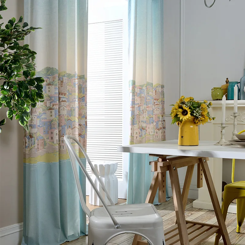 

Modern Simple Childlike Curtain Cartoon Building Printing American Polyester-cotton High Shading Curtain for Living Room Bedroom