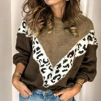 womens sweaters winter warm leopard patchwork o neck sweater ladies long sleeve knitted sweaters pullover female tops jumper