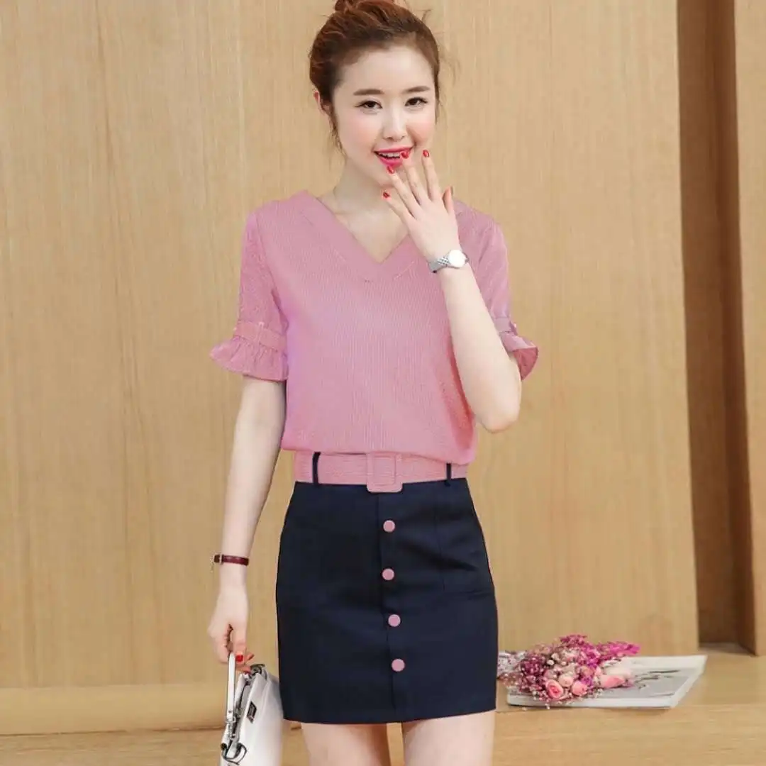 

2020 New Summer Women V-Neck Short Sleeve Solid Blouse Tops + High Waist Mini Skirt 2 Piece Sets Female Arrival Fashion Suit H51