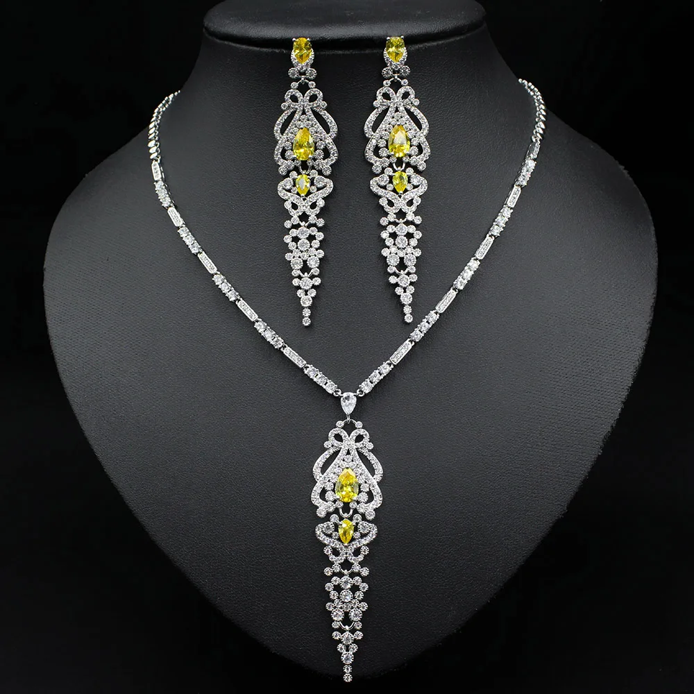 HIBRIDE новейший дизайн 2 шт ожерелье и серьги Набор CZ длинный ювелирный набор с кисточками для женщин Свадебные подарки N-613