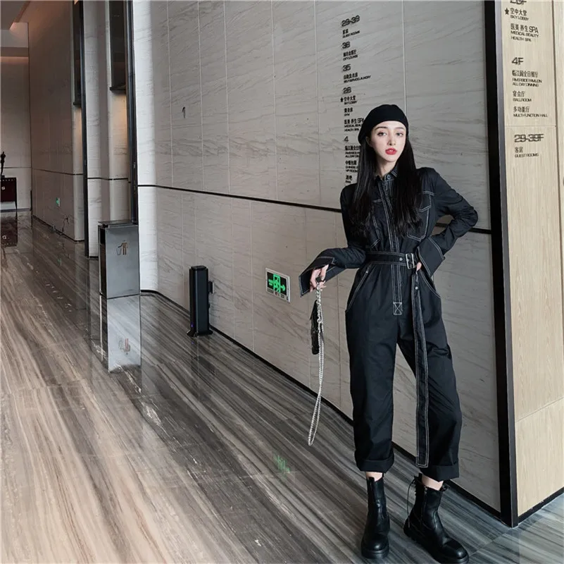 

Женский цельный костюм, черные комбинезоны на весну и осень, универсальные брюки с высокой талией и широкими штанинами, джинсовые комбинезо...