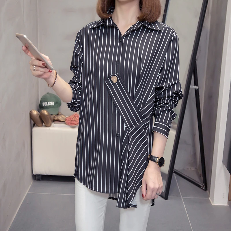

Plus Size Chiffon Striped Long Shirts For Women 2020 Autumn Trendy Loose Long Sleeve Korean Ladies Blouse Oversized Blusas Tops