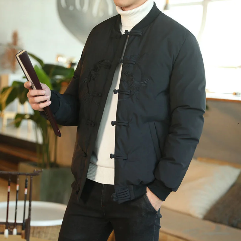 MRGB Men's Winter Fleelce Thick Bubble Coat Chinese Lucky Cloud Embroidery Solid Color Casual Parka Male Fashion Cotton Coat