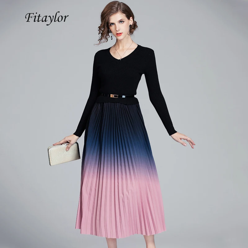 Fitaylor новинка сексуальное v-образный вырез вязаное плиссированное длинное платье