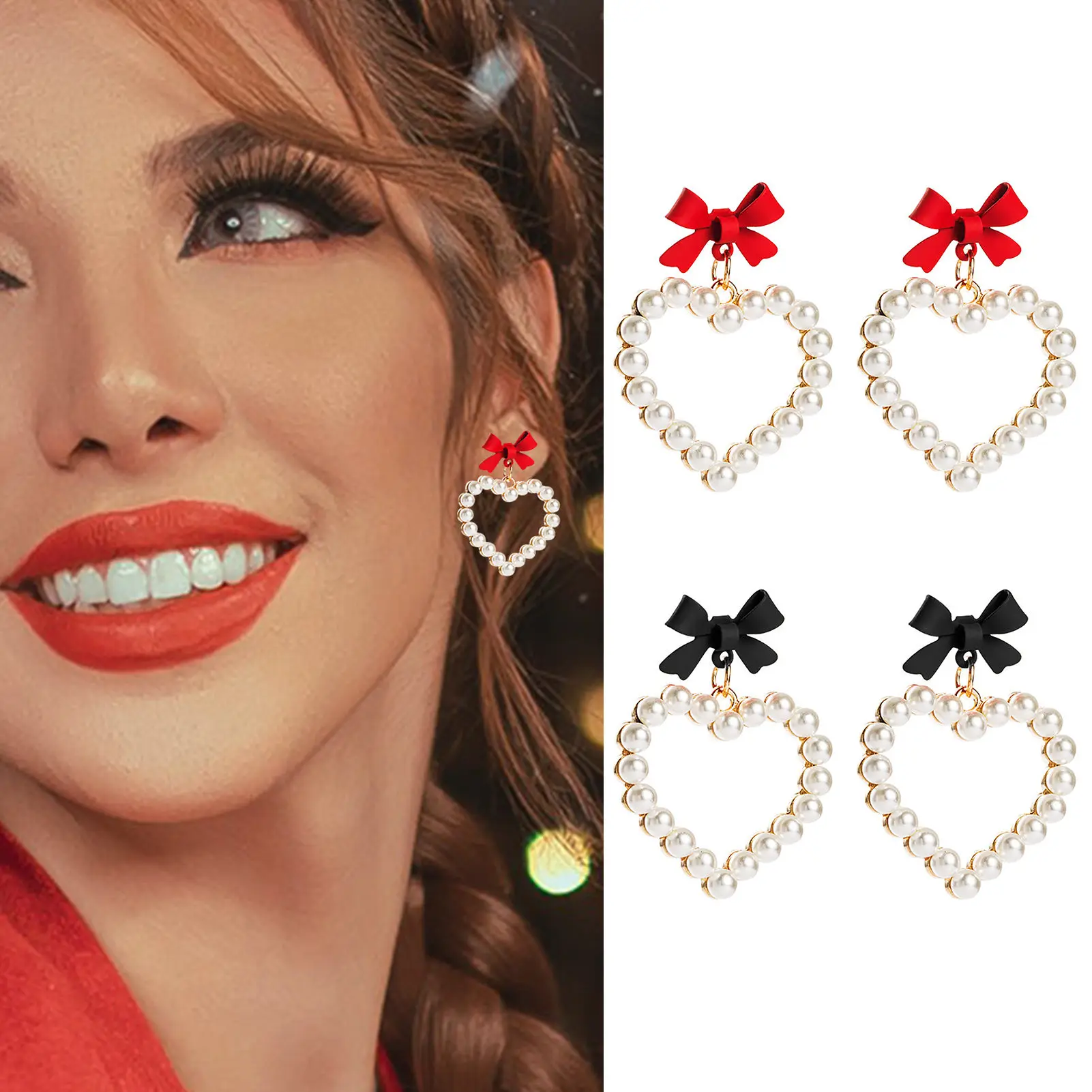 

Christmas Bow Love Heart Pearl Earrings For Women