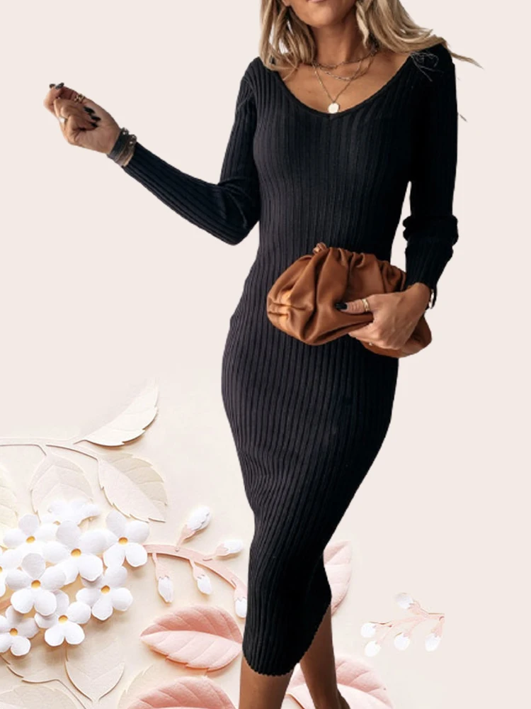 Женское трикотажное платье-миди с длинным рукавом и V-образным вырезом | Женская