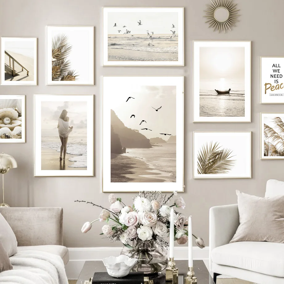 

Wall Art Print Sunrise Beach Walk Birds Palm Leaf Reed Boat Pearl Canvas Painting Nordic Poster Decor Pictures For Living Room