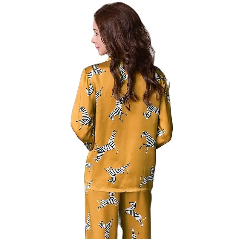 Fashion Genuine Silk Women's Pajamas Zebra Printed Long-Sleeve Pyjama Long Pants Sets 100% Silkworm Silk Sleepwear Female T8143