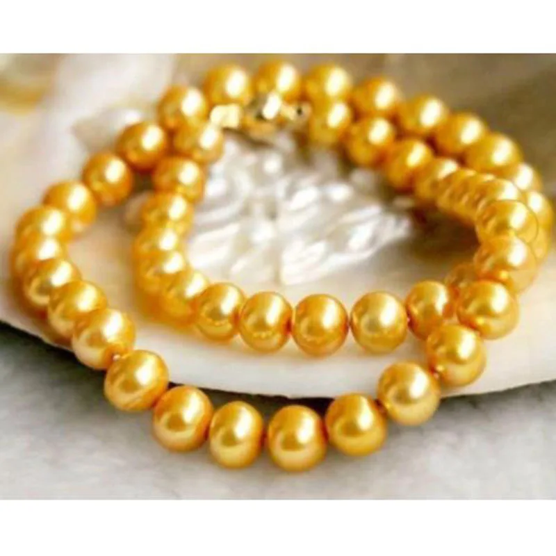 

925silver Yellow Gold HOT 18" 9-10MM REAL AUSTRALIAN SOUTH SEA GOLDEN PEARL NECKLACE