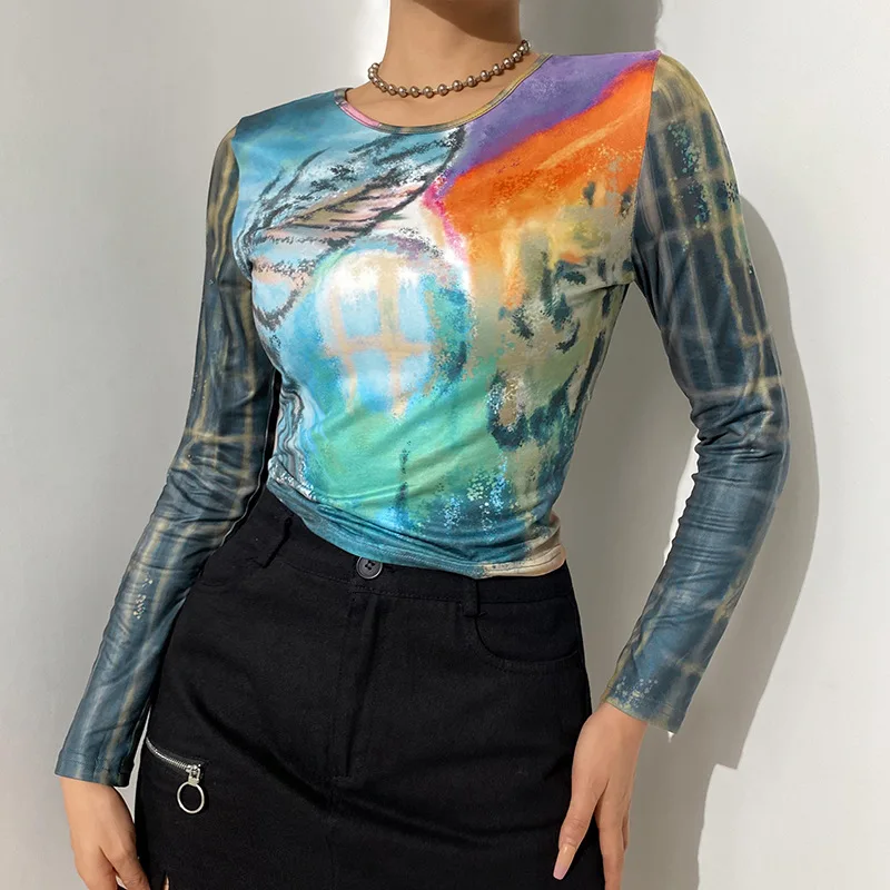 

Футболка женская с длинным рукавом, пикантный уличный кроп-топ с круглым вырезом, облегающий Повседневный Топ с принтом, весна-осень