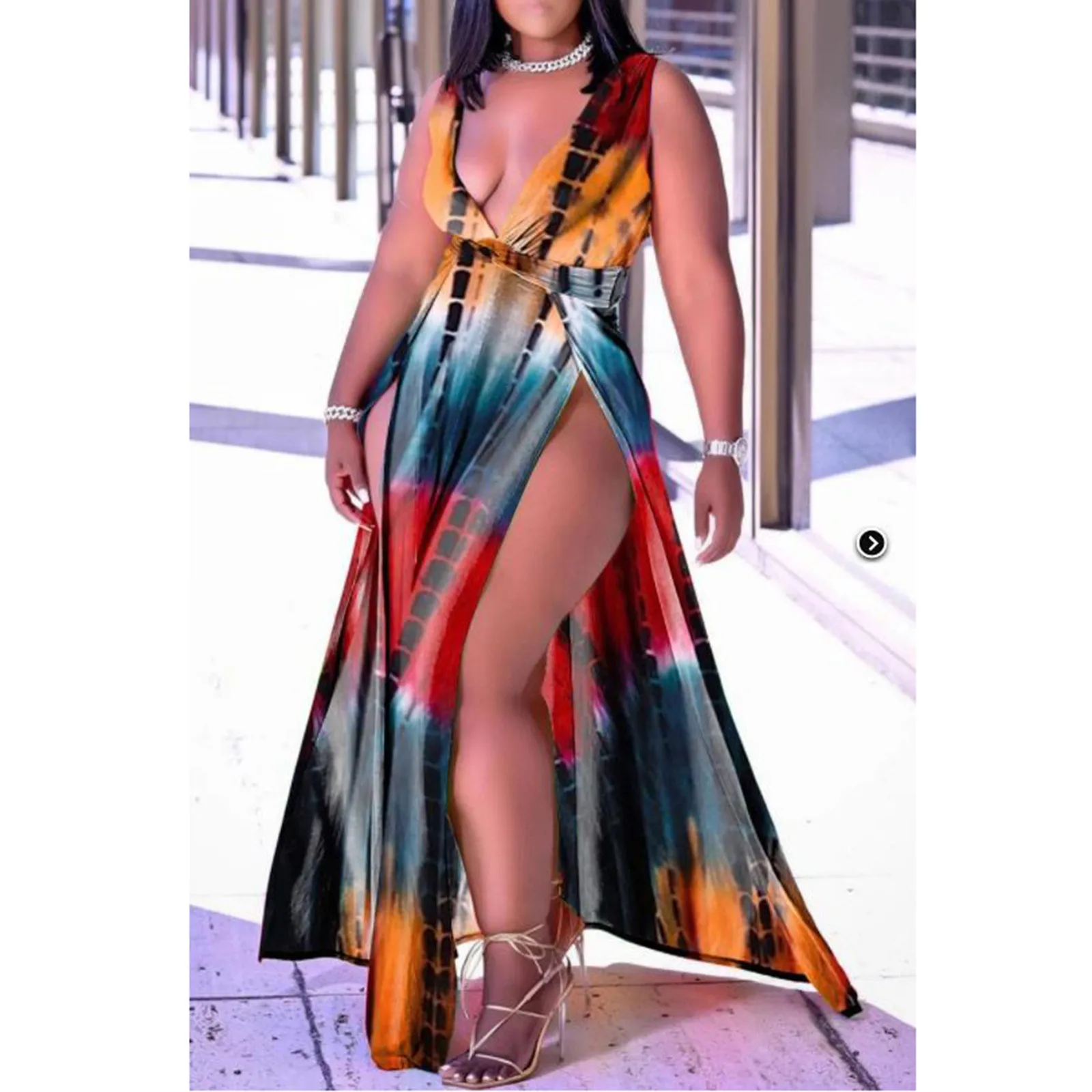 

Plus Size Dress Women Party Dresses Summer Casual Deep V-neck Tie-dye High Slit Casual Loose Dress Robe Longue