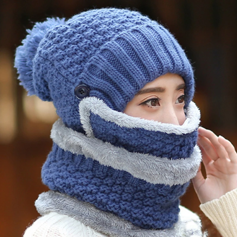 

Winter Hats For Women With Breathing Mask 2in1 Knitted Hat Girl Pompoms Hat Warm Add Fur Lined Protective Winter Hat