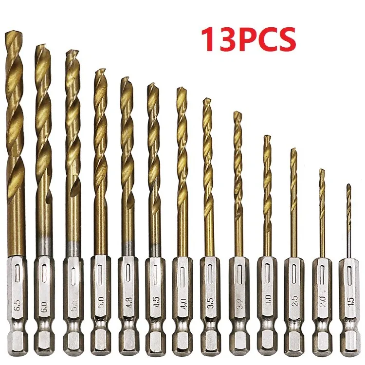 

Universal 13pc HSS High Speed Steel Titanium Coated Drill Bit Set 1/4 Hex Shank 1.5-6.5mm Power Tool Accessories