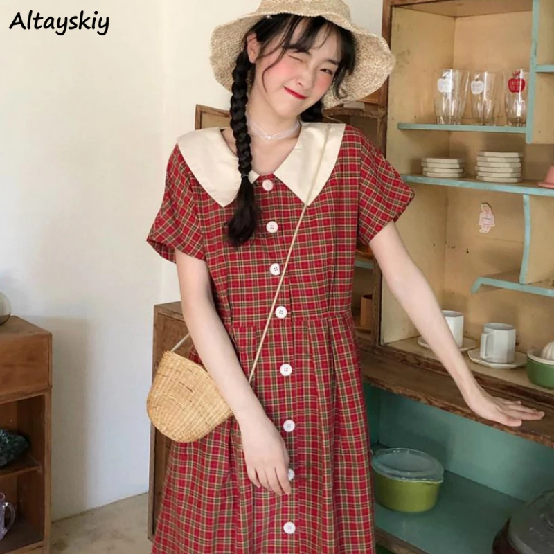 Женское клетчатое платье а силуэта с воротником питер пэн летние чисто свежие