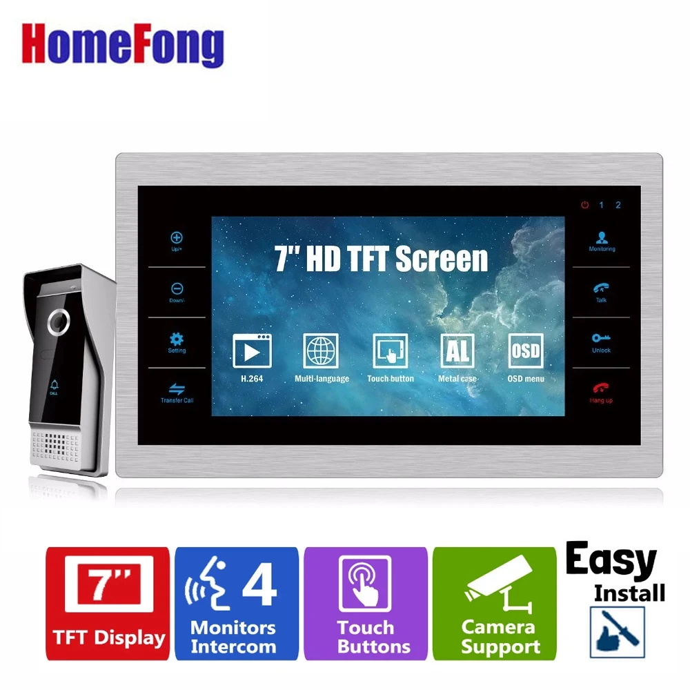 

Видеодомофон Homefong TFT 1200TVL, внутренняя связь, 7-дюймовый монитор, записывающая система, поддержка SD/TF-карт, водонепроницаемый чехол от дождя